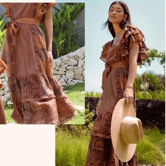 Cleobella Avani Midi Dress Patchwork Ruffle Boho‎ Festival Style XS - Picture 1 of 13